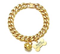 18K Gold Cat Dog Collar Kitten Puppy Wide Stainless Steel Kitten Choker Curb Chew Proof Cuban Link 1/2inch Chain with Gold Bell&Personalized Custom tag