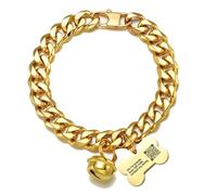 18K Gold Cat Dog Custom Collar Kitten Puppy Wide Stainless Steel Kitten Choker Curb Adjustable 10 inch Chew Proof Cuban Link 1/2inch Chain with Gold Bone tag Bell Personalized Qrcode Tag