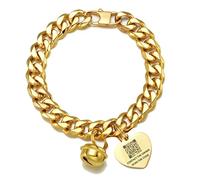 18K Gold Cat Dog Custom Collar Kitten Puppy Wide Stainless Steel Kitten Choker Curb Adjustable Chew Proof Cuban Link 1/2inch Chain with Gold Heart tag Bell Personalized Qrcode Tag