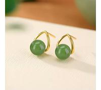 18K Gold Cover Real 925 Silver Green Jasper Ball Triangle Earrings Stud-Gold-color