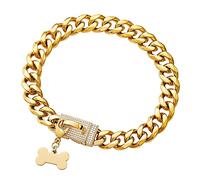 18k Gold Dog Chain Collar with Diamond Lock Strong Collar with Safety Lock Stainless Steel Dog Chain 19MM Heavy Duty Chew Proof Personalized ID Tag Necklace for Pet Cuban Link Dog Collar for Large Dog