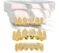18K Gold Hip Hop Plated Iced out Ladder Square Diamond Zirconium Teeth Grillz Set Wrap Top and Bottom Grills(Gold,Set)
