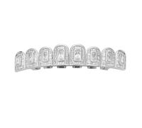 18K Gold Hip Hop Plated Iced out Ladder Square Diamond Zirconium Teeth Grillz Set Wrap Top and Bottom Grills(Silver,Upper Teeth)