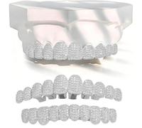 18K Gold Hip Hop Plated Iced out Ladder Square Diamond Zirconium Teeth Grillz Set Wrap Top and Bottom Grills(Silver,Set)