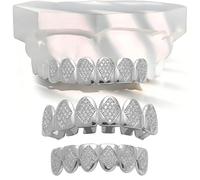 18K Gold Hip Hop Plated Iced out Ladder Square Diamond Zirconium Teeth Grillz Set Wrap Top and Bottom Grills(Silver,Set)