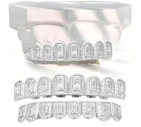 18K Gold Hip Hop Plated Iced out Ladder Square Diamond Zirconium Teeth Grillz Set Wrap Top and Bottom Grills(Silver,Set)