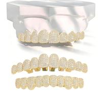 18K Gold Hip Hop Plated Iced out Ladder Square Diamond Zirconium Teeth Grillz Set Wrap Top and Bottom Grills(Gold,Set)