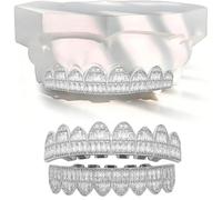 18K Gold Hip Hop Plated Iced out Ladder Square Diamond Zirconium Teeth Grillz Set Wrap Top and Bottom Grills(Silver,Set)