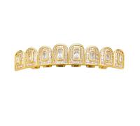 18K Gold Hip Hop Plated Iced out Ladder Square Diamond Zirconium Teeth Grillz Set Wrap Top and Bottom Grills(Gold,Upper Teeth)