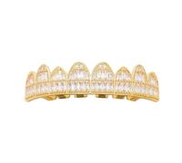18K Gold Hip Hop Plated Iced out Ladder Square Diamond Zirconium Teeth Grillz Set Wrap Top and Bottom Grills(Gold,Upper Teeth)