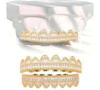 18K Gold Hip Hop Plated Iced out Ladder Square Diamond Zirconium Teeth Grillz Set Wrap Top and Bottom Grills(Gold,Set)