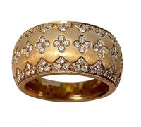18K Gold Italian Ring Handmade Buccellati Style Brushed Luxury Diamond Cut Zirconia Four Leaf Clover Ring for Women Elegant Vintage Real Jewelry, Size 7, Diamond