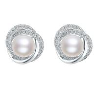 18K Gold Pearl Earrings S925 Zircon Crystal Freshwater Pearl Stud Earrings Natural White Pearl Studs Small Large 4.5-10mm Drop Pearl Earrings Jewellery for Women Bridal Wife Mom Wedding Birthday