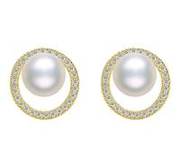 18K Gold Pearl Earrings S925 Zircon Crystal Freshwater Pearl Stud Earrings Natural White Pearl Studs Small Large 4.5-10mm Drop Pearl Earrings Jewellery for Women Bridal Wife Mom Wedding Birthday