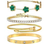 18K Gold Plated Bangle Bracelet Set for Women Stackable Lucky Floral Adjustable Tennis Bracelet Non Tarnish Gift Jewelry for Christmas Valentines Birthday Mother's Day