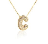18k Gold Plated Bubble Letter C Necklace Women Cubic Zirconia Balloon Initial Necklace Cute Puffy Monogram Necklace