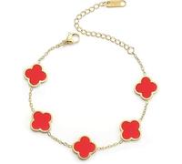 18K Gold Plated Clover Lucky Bracelet for Women White/Black/Red/Green Flower Four Leaf Link Bracelets Trendy Jewelry Gifts for Women (Red)