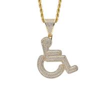 18K Gold Plated CZ Diamond Wheelchair Logo Pendant Necklace - Hip Hop Rapper Chain Jewelry for Men and Women