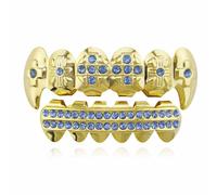 18K Gold Plated Diamond Grills, Vampire Dracula Fang Cross Top Upper Teeth Fangs, ICY Crosses(Gold blue)