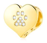 18k Gold Plated Dog/Cat Paw Print Charms on My Heart, fit Pandora Animal Bracelet, 925 Sterling Silver Puppy Pawprint CZ Beads with Bone, Gift for Mom/Best Friend/Pet Lover