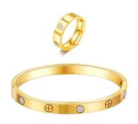 18K Gold Plated Friendship Love Bracelet with Ring Jewelry Set for Women Stainless Steel Cuff Oval Bangle Simple Hinged Cubic Zirconia Stones Bangle Cuff Best Gifts for Mother's Day Valentine's Day,