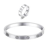 18K Gold Plated Friendship Love Bracelet with Ring Jewelry Set for Women Stainless Steel Cuff Oval Bangle Simple Hinged Cubic Zirconia Stones Bangle Cuff Best Gifts for Mother's Day Valentine's Day