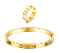 18K Gold Plated Friendship Love Bracelet with Ring Jewelry Set for Women Stainless Steel Cuff Oval Bangle Simple Hinged Cubic Zirconia Stones Bangle Cuff Best Gifts for Mother's Day Valentine's Day