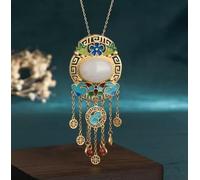 18K Gold Plated Jade Retro Pendant Necklace Charm Chain Ethnic Dainty Gemstone