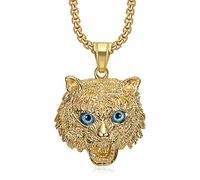 18K Gold Plated Roaring Lynx Canadensis Cat Head Pendant Punk Rock Stainless Steel Necklace for Men Women, 24 Inch Chain Hip Hop Animal Jewelry