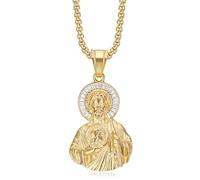 18K Gold Plated Saint Jude Pendant Stainless Steel Necklace for Men Women, 24 Inch Chain San Judas Tadeo Medalla Cadena Oro Laminado Christian Prayer Jewelry Religious Gift, L, Metal, Cubic Zirconia