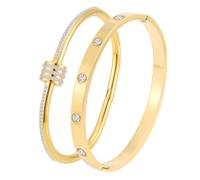 18K Gold Plated Stainless Steel Bangle Bracelet Set, for Women, 2Pcs Stackable Rhinestone Love Bracelets for Daily & Party Wear