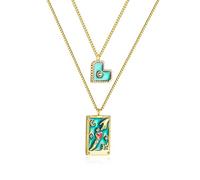 18k Gold Plated Stainless Steel Double Layered Necklace Tarot Card Heart Pendant Non Tarnish Water Proof Jewelry For Women