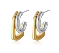 18K Gold Silver Two-Tone Earrings, Irregular Geometric C-Hoop Ear Studs, Minimalist Modernist Earrings for Women