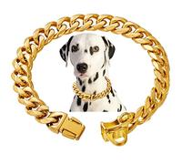 18K Gold Stainless Steel Dog Collar with Secure Buckle 15mm Cuban Links Chew Resistant Chain for Small Medium Large Dogs