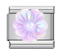 18k Puple Pearl Flower Green Pink Mum Daughter Gold Camellia Silver Gold Italian 9mm Link Stainless Steel Bracelet Charm Compatible With Nomination (Camellia Pearl Purple)