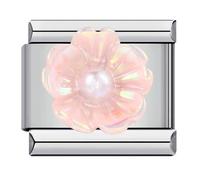 18k Puple Pearl Flower Green Pink Mum Daughter Gold Camellia Silver Gold Italian 9mm Link Stainless Steel Bracelet Charm Compatible With Nomination (Camellia Pearl Pink)