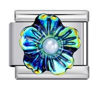 18k Puple Pearl Flower Green Pink Mum Daughter Gold Camellia Silver Italian 9mm Link Stainless Steel Bracelet Charm Compatible With Nomination (Camellia Pearl Baby Blue)