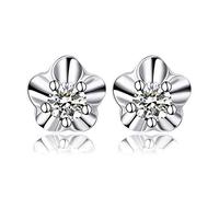 18K White Gold Earrings Stud, Flower with Diamond 5/10 cent Earrings for Women