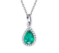 18K White Gold Necklace, Women 1.2ct Lab Created Emerald with 0.15ct Moissanite Teardrop Delicate Necklace Pendant Chain Length 18 Inch