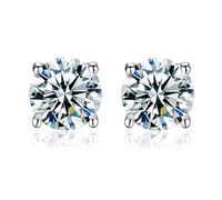 18K White Gold Plated Classic Solitaire Stud Earring 925 Sterling Silver Earrings - 5A Premium Simulated Diamond Stones, Hypoallergenic Silver Earrings, Luxury Gift for Her (Round 4-Prong)