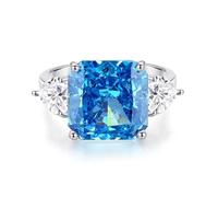 18K White Gold Ring Wedding Band, Women's Rings with 12X12mm Square Lab Created Blue Sapphire and Heart Moissanite Au750 Silver Band Size Q 1/2