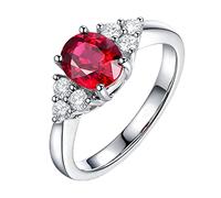 18K White Gold Womens Ring, Cute Promise Rings for Women Natural Pigeon Blood Red Tourmaline Oval 1.25Ct White Diamond 0.24Ct Red Ruby Ring Size H 1/2