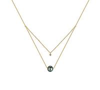 18k Yellow Gold Necklace for Women Two Layer White Round 0.03CT Diamond with Black Pearl Pendant 16.5 Inch