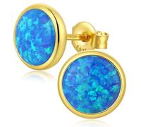 18K Yellow Gold Plated Blue Fire Opal Stud Earrings for Women Sterling Silver Round Shape 6mm Opal Earrings with Push Back