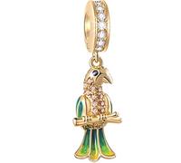 18K Yellow Gold Plated Parrot Pendant Charm fits Pandora Animal Bracelet, 925 Sterling Silver Dangle Enamel Tropical Bird with Sparkling CZ Beads, Gifts for Aunty/Uncle/Grandpa