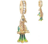 18K Yellow Gold Plated Tropical Parrot Pendant Charms, fit Pandora Animal Bracelet, 925 Sterling Silver Clear CZ Dangle Enamel Bird Beads, Christmas Gift for Grandma/Cousin