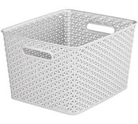 [ ] 18L Basket | Nestable Rattan Plastic Storage Basket | Elegant Shelf Basket, Large Rectangular Storage Baskets (Grey)
