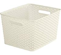 [ ] 18L Rattan Basket | Nestable Plastic Storage Basket | Elegant Shelf Basket, Large Rectangular Storage Baskets (White)