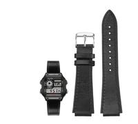 18MM Retro Genuine Leather Convex Mouth Watchband Fit for Casio AE1200 AE1300 A158W/A168 W-216H(Black-silver)