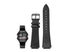 18MM Retro Genuine Leather Convex Mouth Watchband Fit for Casio AE1200 AE1300 A158W/A168 W-216H(Black-black)